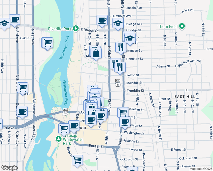 map of restaurants, bars, coffee shops, grocery stores, and more near 403 Mcindoe Street in Wausau