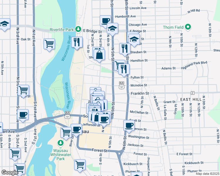 map of restaurants, bars, coffee shops, grocery stores, and more near 403 Mcindoe Street in Wausau
