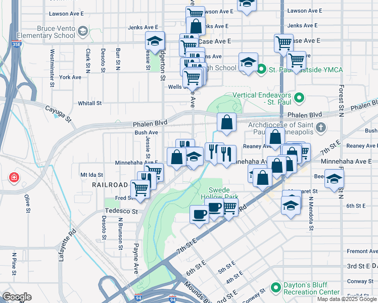 map of restaurants, bars, coffee shops, grocery stores, and more near in Saint Paul