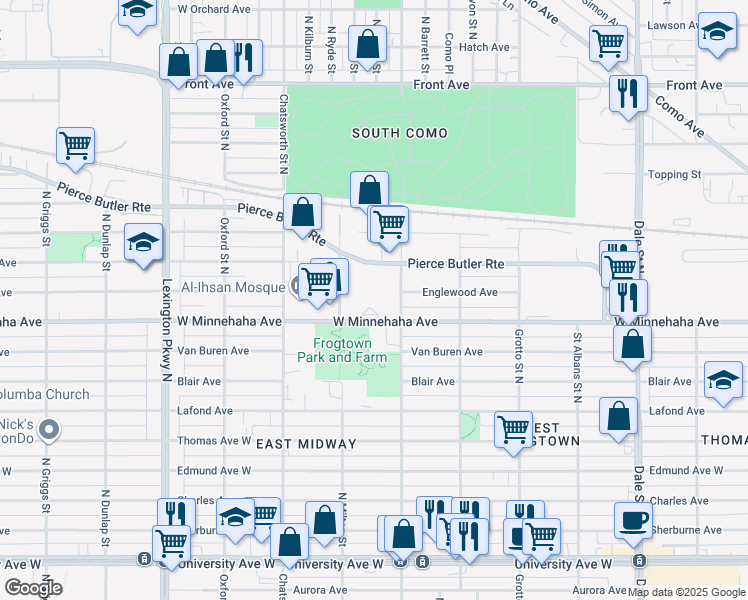 map of restaurants, bars, coffee shops, grocery stores, and more near 750 North Milton Street in Saint Paul