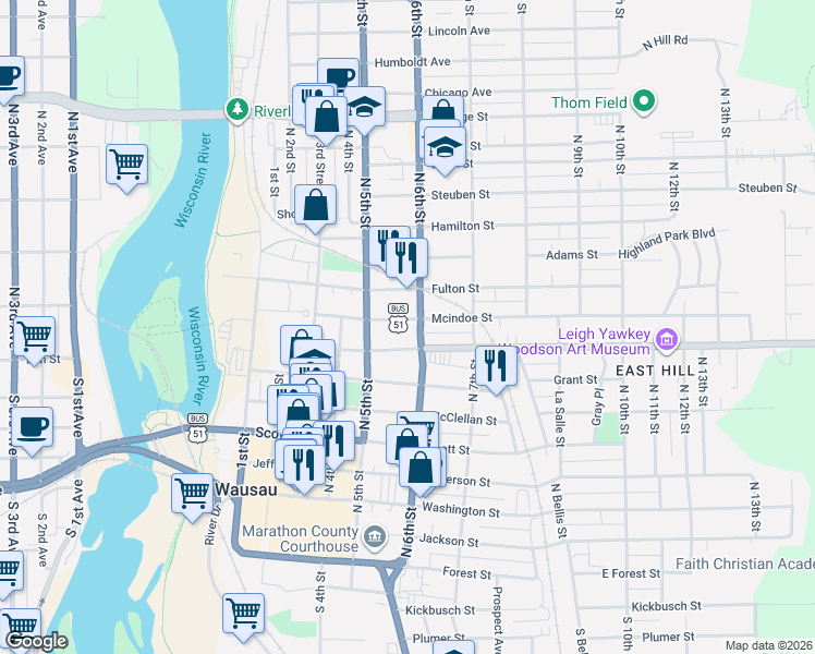 map of restaurants, bars, coffee shops, grocery stores, and more near 530 Mcindoe Street in Wausau