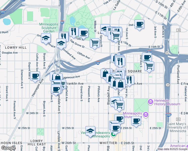 map of restaurants, bars, coffee shops, grocery stores, and more near 223 Ridgewood Avenue in Minneapolis