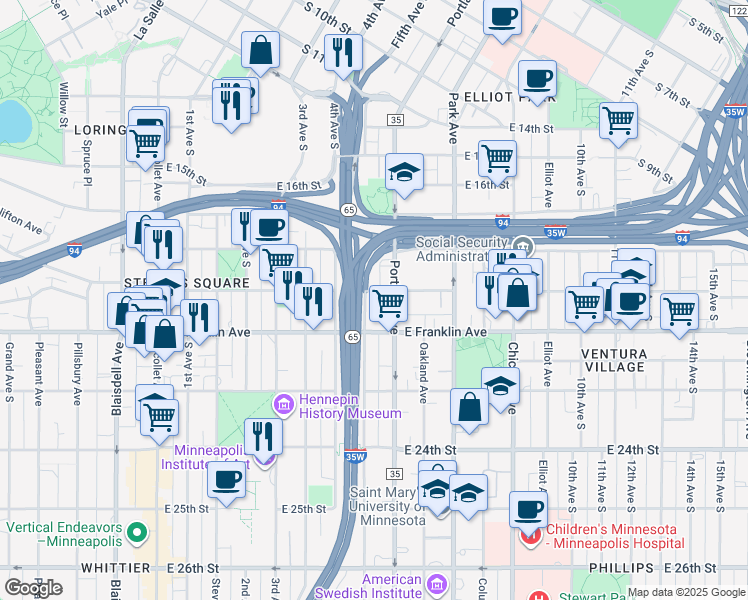 map of restaurants, bars, coffee shops, grocery stores, and more near 1829 South 5th Avenue in Minneapolis
