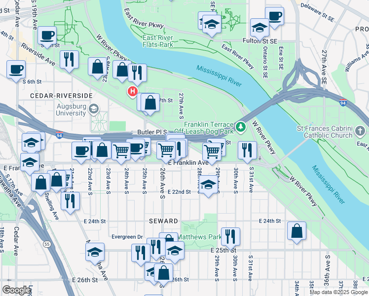 map of restaurants, bars, coffee shops, grocery stores, and more near 901 27th Avenue South in Minneapolis