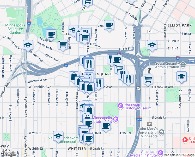 map of restaurants, bars, coffee shops, grocery stores, and more near 1905 1st Avenue South in Minneapolis