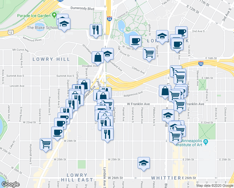 map of restaurants, bars, coffee shops, grocery stores, and more near 522 Ridgewood Avenue in Minneapolis
