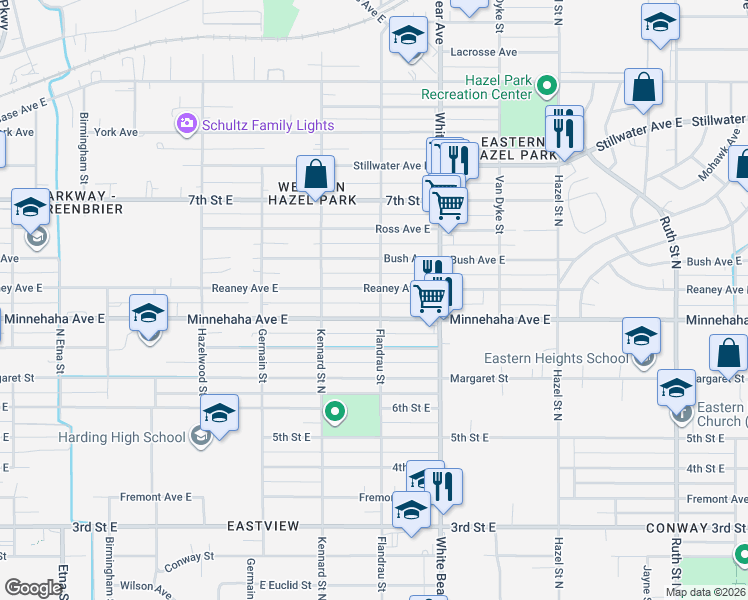 map of restaurants, bars, coffee shops, grocery stores, and more near 1710 Reaney Avenue East in Saint Paul
