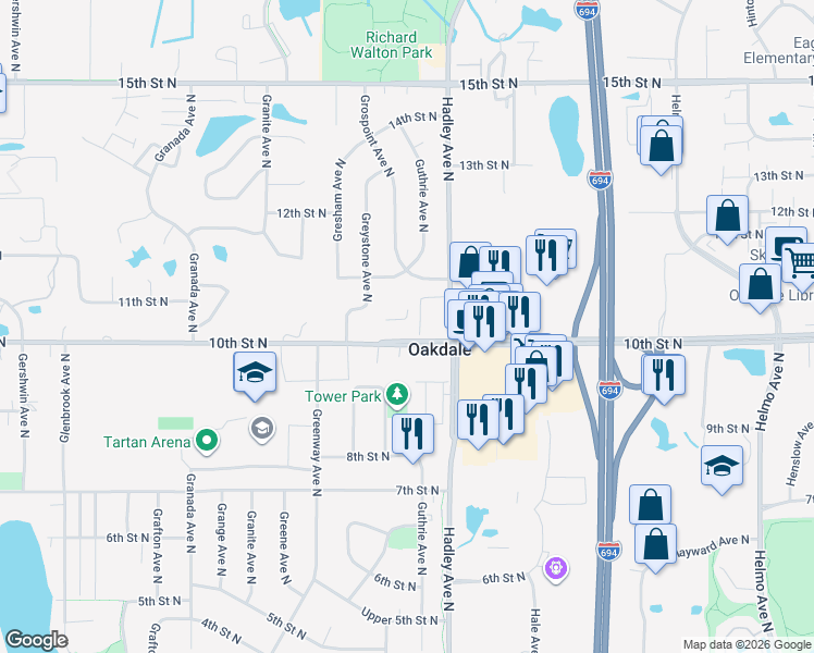 map of restaurants, bars, coffee shops, grocery stores, and more near 6904 10th Street North in Oakdale