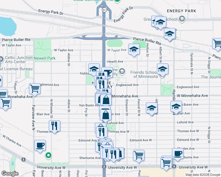 map of restaurants, bars, coffee shops, grocery stores, and more near in Saint Paul