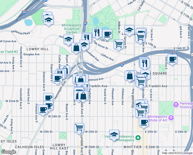 map of restaurants, bars, coffee shops, grocery stores, and more near 432 Ridgewood Avenue in Minneapolis