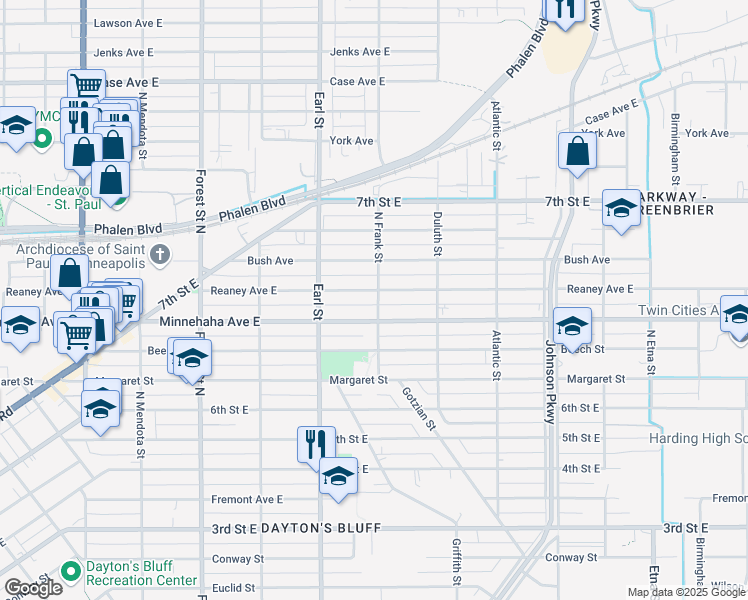 map of restaurants, bars, coffee shops, grocery stores, and more near 1100 Reaney Avenue East in Saint Paul