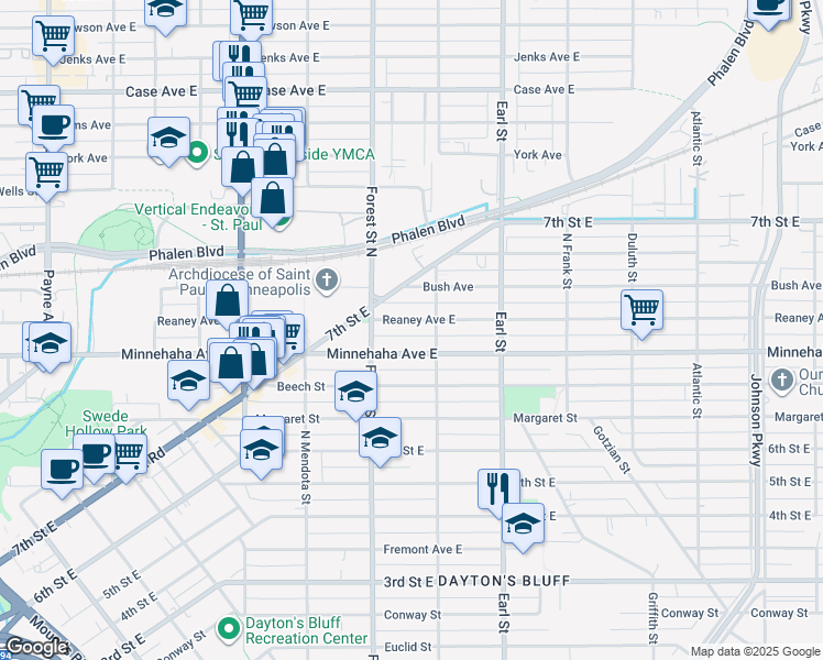 map of restaurants, bars, coffee shops, grocery stores, and more near 962 Reaney Avenue East in Saint Paul