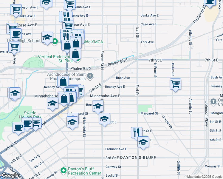 map of restaurants, bars, coffee shops, grocery stores, and more near 962 Reaney Avenue East in Saint Paul