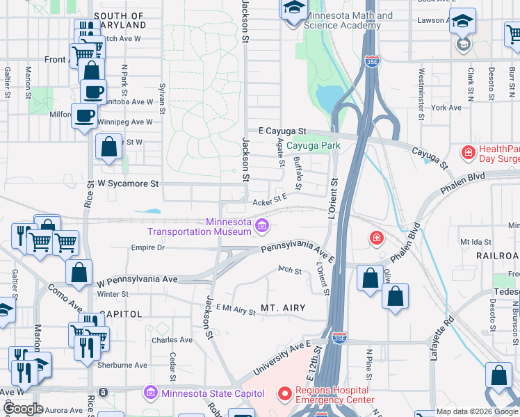 map of restaurants, bars, coffee shops, grocery stores, and more near 101 Acker Street East in Saint Paul