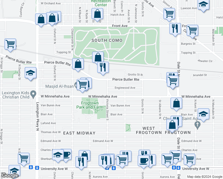 map of restaurants, bars, coffee shops, grocery stores, and more near 758 Victoria Street in Saint Paul