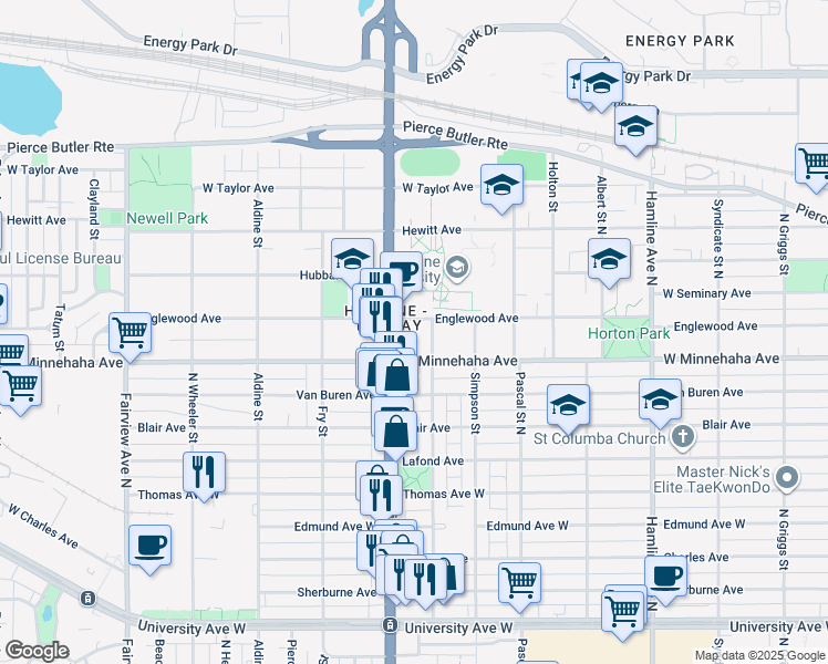 map of restaurants, bars, coffee shops, grocery stores, and more near in Saint Paul