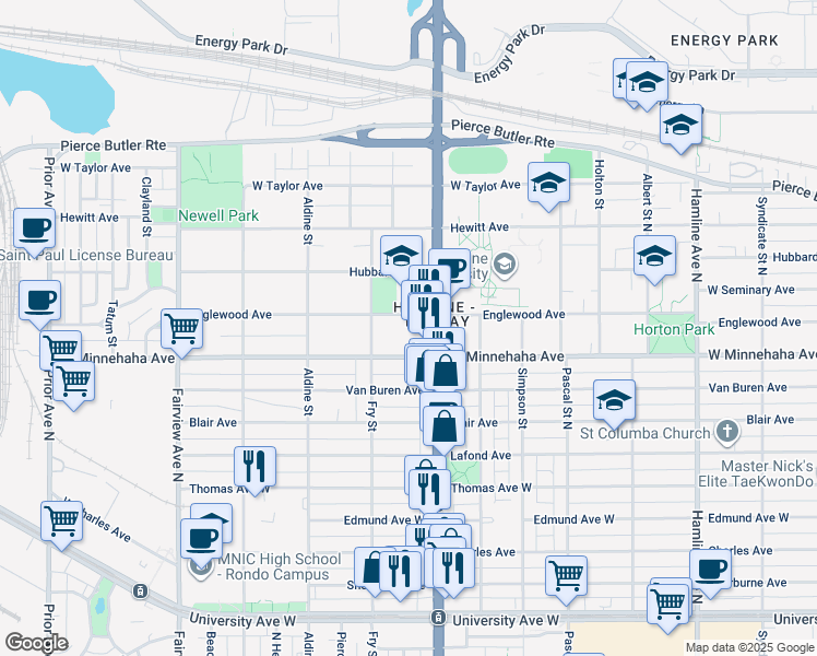 map of restaurants, bars, coffee shops, grocery stores, and more near 759 Snelling Avenue North in Saint Paul