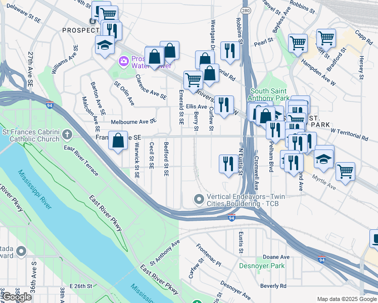 map of restaurants, bars, coffee shops, grocery stores, and more near 777 Berry Street in Saint Paul