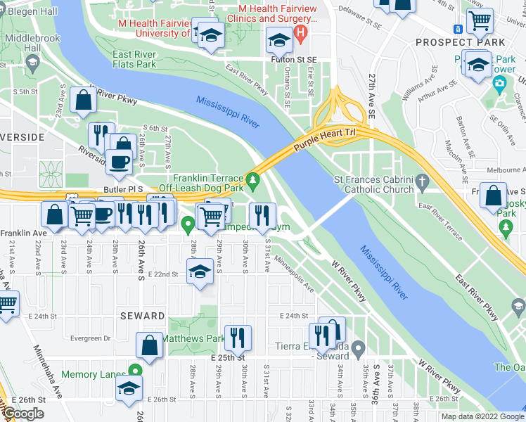 map of restaurants, bars, coffee shops, grocery stores, and more near 3216 East 29th Street in Minneapolis