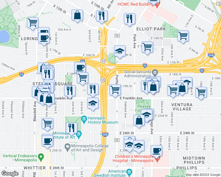 map of restaurants, bars, coffee shops, grocery stores, and more near 1829 South 5th Avenue in Minneapolis