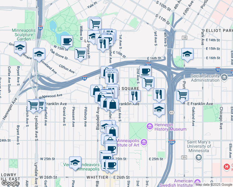 map of restaurants, bars, coffee shops, grocery stores, and more near in Minneapolis