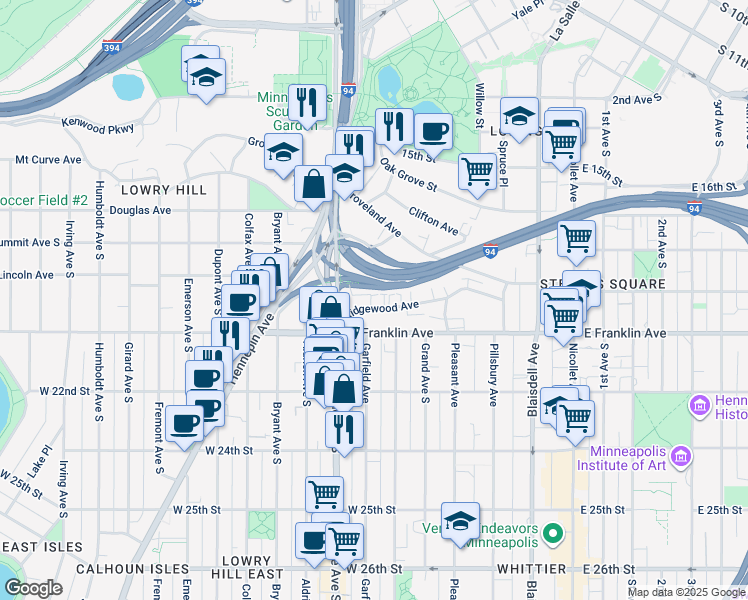 map of restaurants, bars, coffee shops, grocery stores, and more near 522 Ridgewood Avenue in Minneapolis