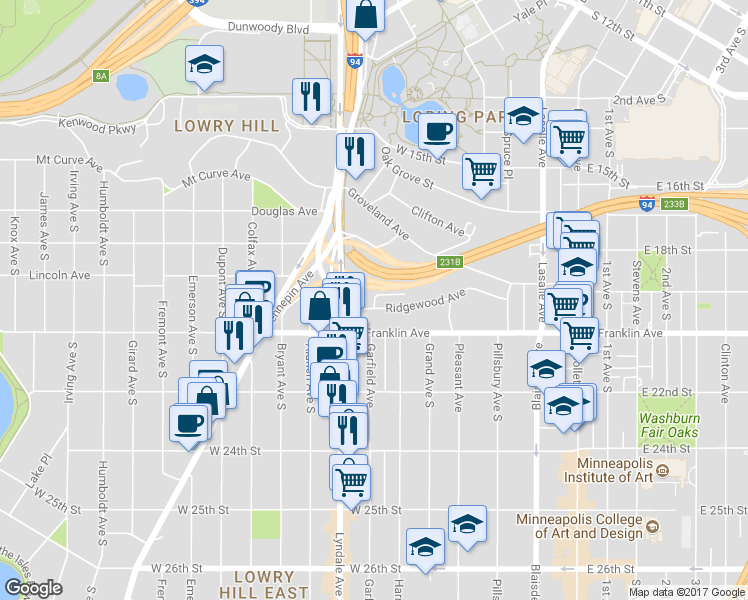 map of restaurants, bars, coffee shops, grocery stores, and more near 522 Ridgewood Avenue in Minneapolis