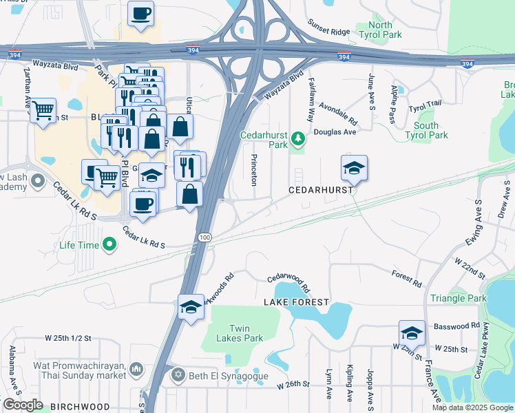 map of restaurants, bars, coffee shops, grocery stores, and more near 4812 Old Cedar Lake Road in Minneapolis