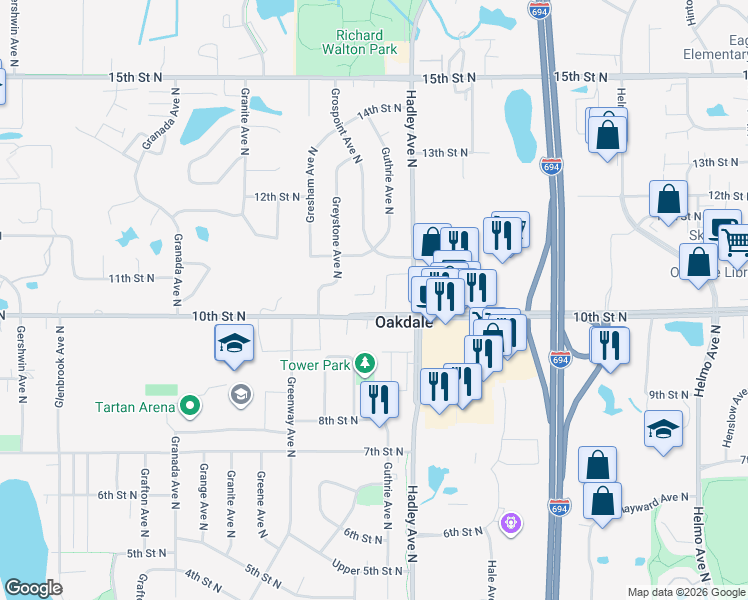 map of restaurants, bars, coffee shops, grocery stores, and more near 6904 10th Street North in Oakdale
