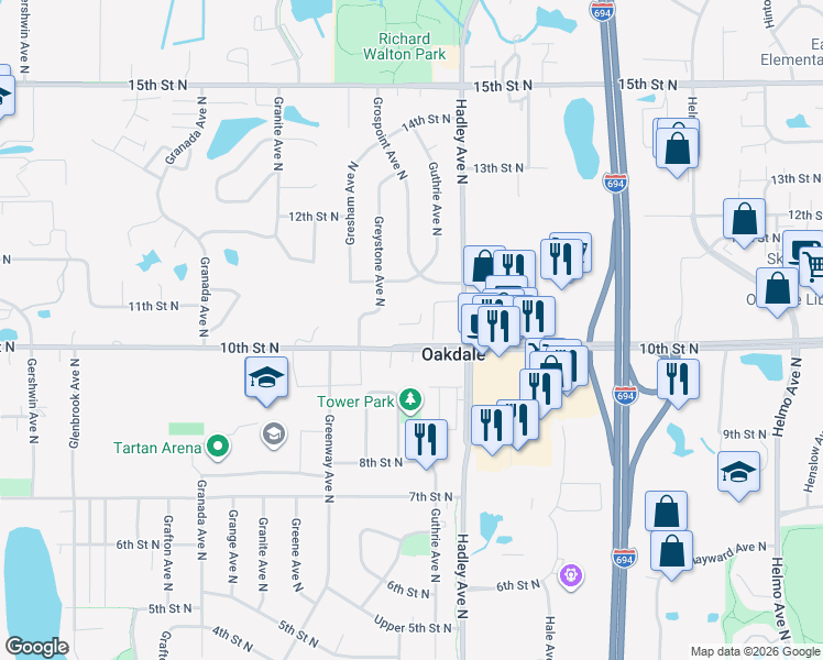map of restaurants, bars, coffee shops, grocery stores, and more near 6902 10th Street North in Oakdale