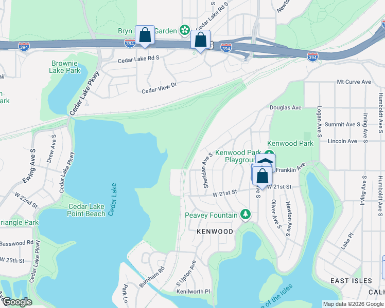 map of restaurants, bars, coffee shops, grocery stores, and more near Kenilworth Trail in Minneapolis
