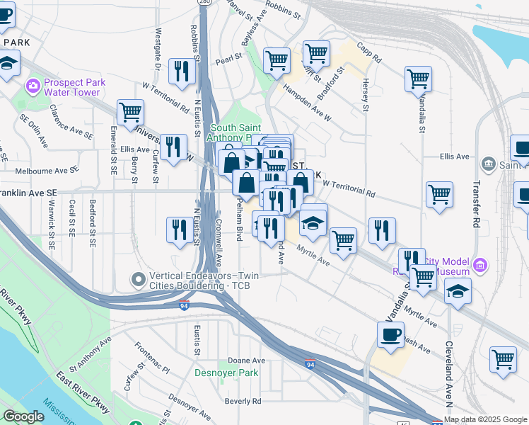 map of restaurants, bars, coffee shops, grocery stores, and more near 2410 University Ave W in St Paul