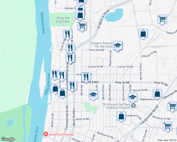 map of restaurants, bars, coffee shops, grocery stores, and more near 2475 Broadway Street Northeast in Salem