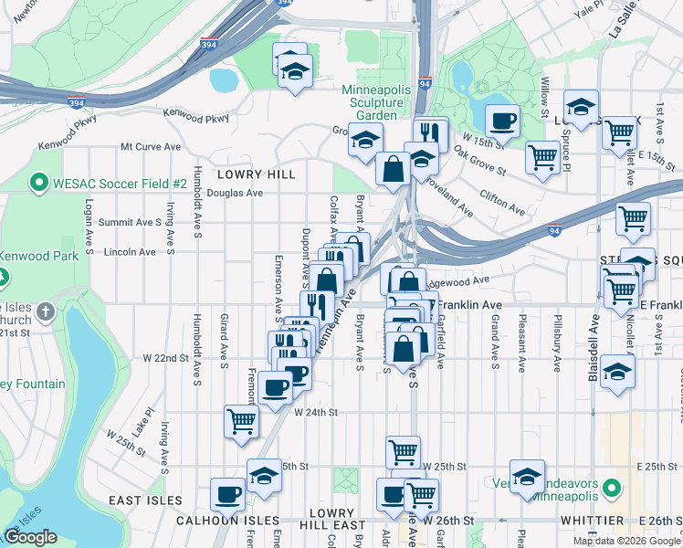 map of restaurants, bars, coffee shops, grocery stores, and more near 1912 Hennepin Avenue in Minneapolis