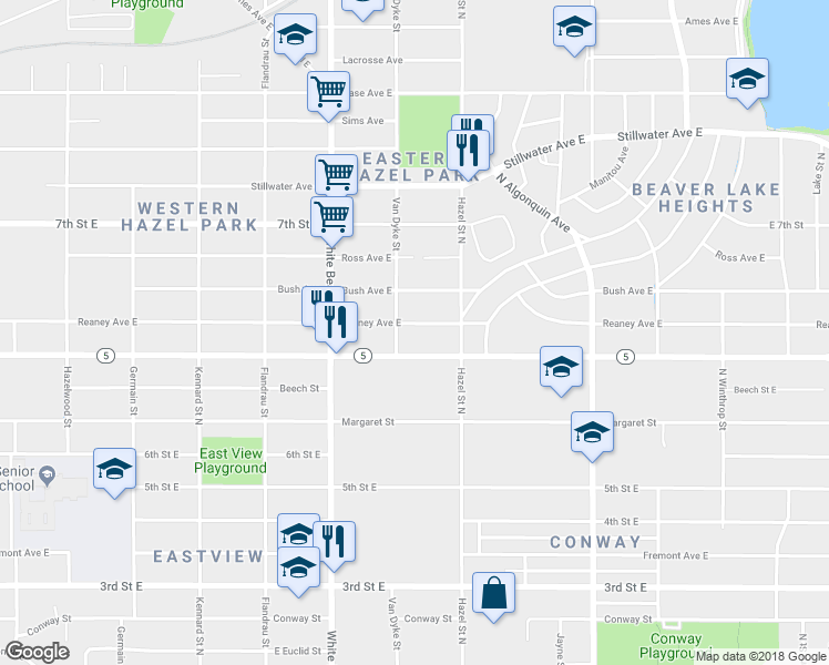map of restaurants, bars, coffee shops, grocery stores, and more near 1858 Reaney Ave E in St Paul