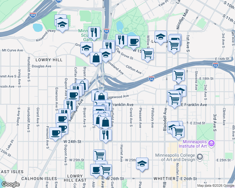 map of restaurants, bars, coffee shops, grocery stores, and more near 522 Ridgewood Avenue in Minneapolis