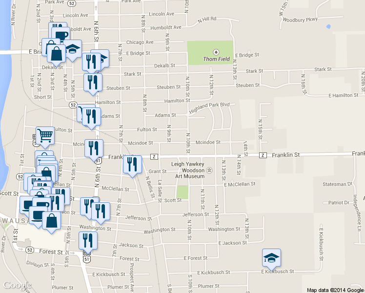 map of restaurants, bars, coffee shops, grocery stores, and more near 929 Mcindoe Street in Wausau