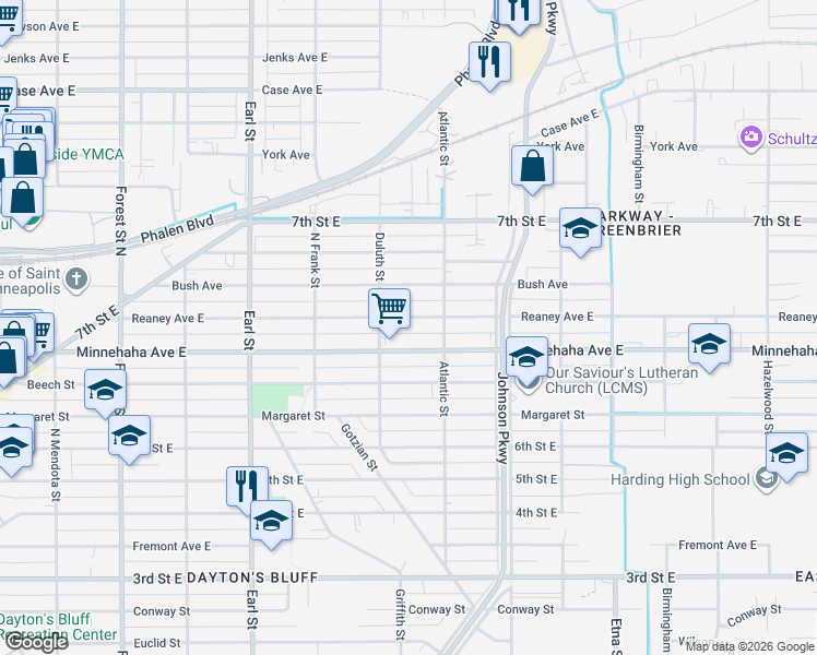 map of restaurants, bars, coffee shops, grocery stores, and more near 1208 Reaney Avenue East in Saint Paul