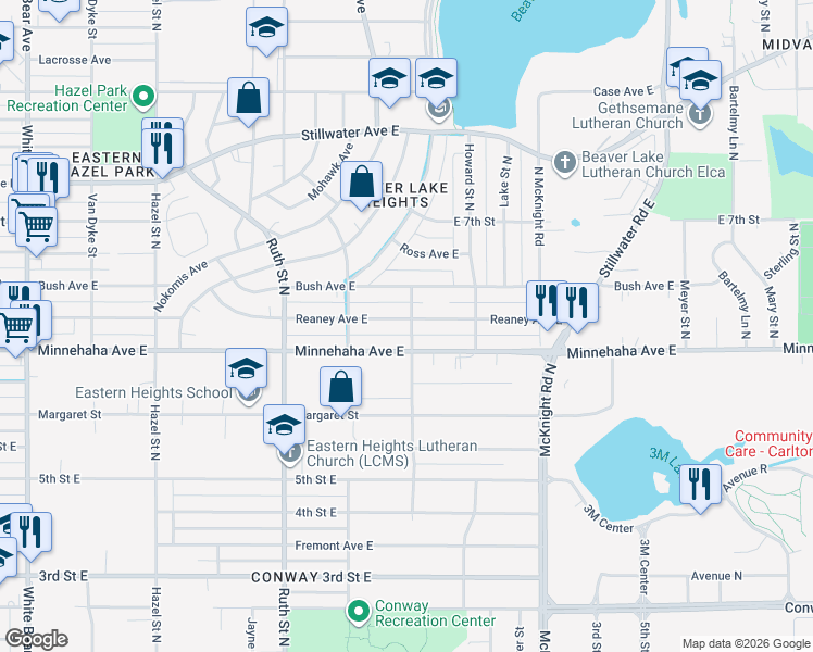 map of restaurants, bars, coffee shops, grocery stores, and more near 2142 Reaney Avenue East in Saint Paul