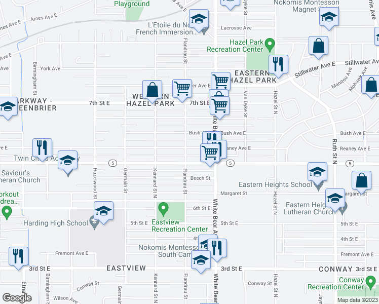 map of restaurants, bars, coffee shops, grocery stores, and more near 1736 Reaney Avenue East in Saint Paul
