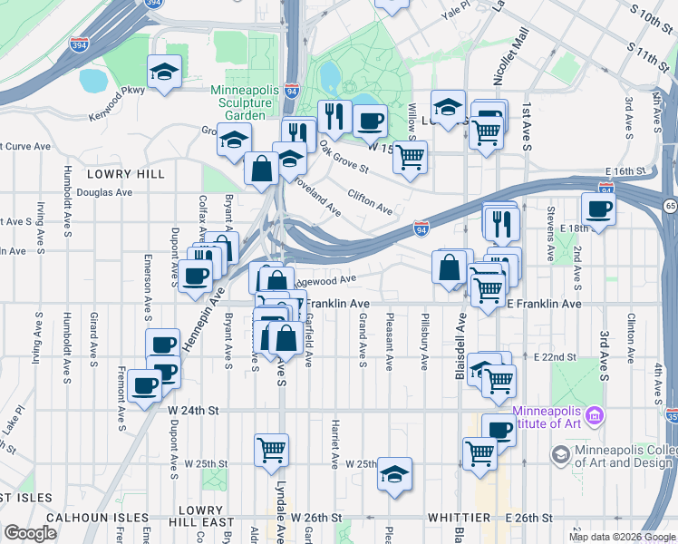 map of restaurants, bars, coffee shops, grocery stores, and more near 432 Ridgewood Avenue in Minneapolis