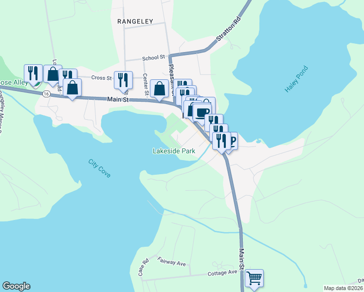 map of restaurants, bars, coffee shops, grocery stores, and more near Lake Street in Rangeley