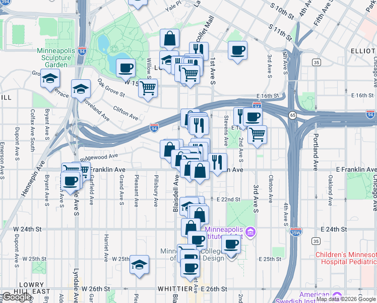 map of restaurants, bars, coffee shops, grocery stores, and more near in Minneapolis