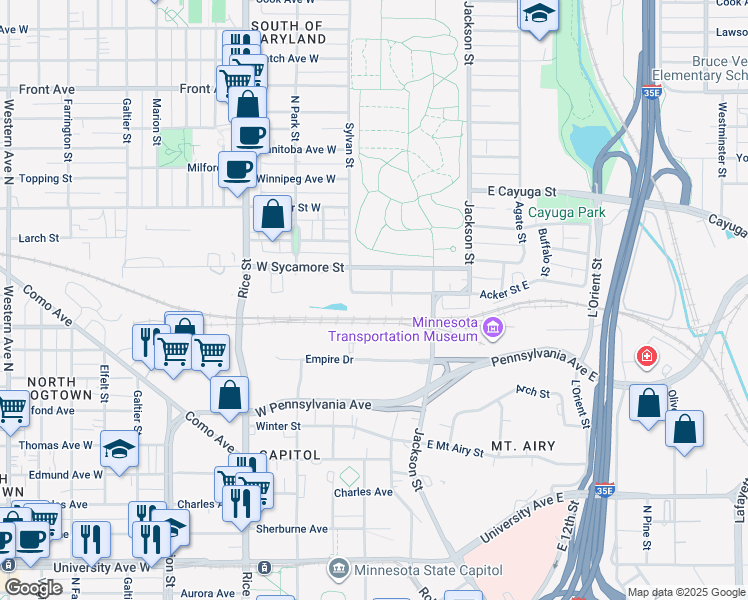 map of restaurants, bars, coffee shops, grocery stores, and more near 16 Acker Street East in Saint Paul