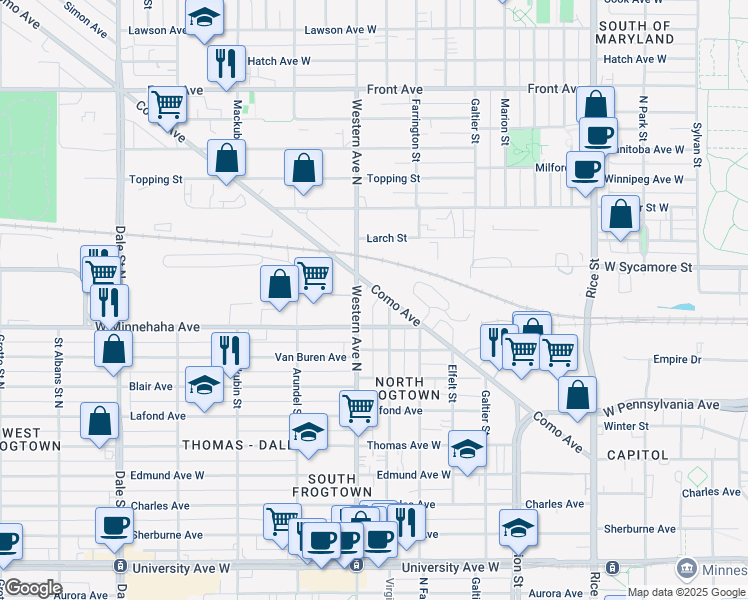 map of restaurants, bars, coffee shops, grocery stores, and more near 360 Como Avenue in Saint Paul