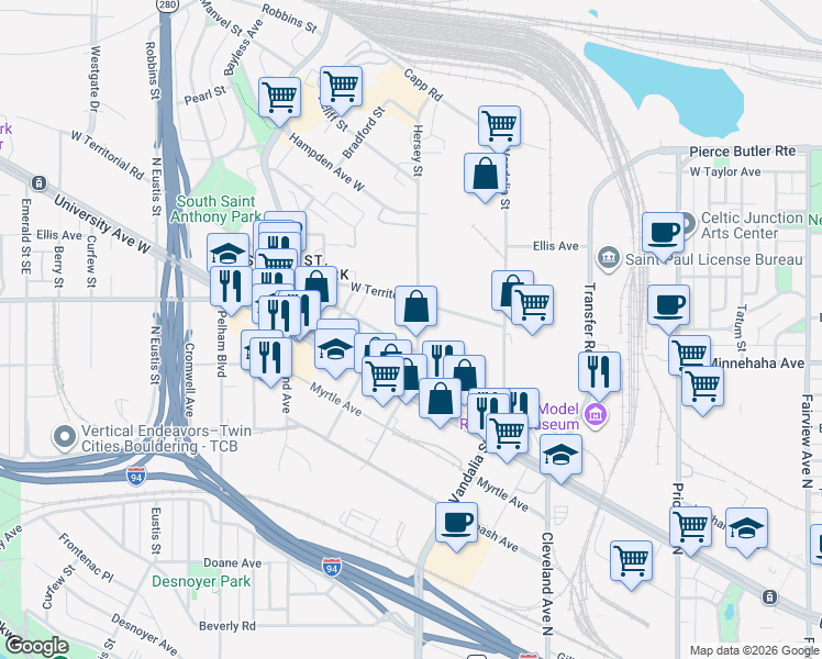 map of restaurants, bars, coffee shops, grocery stores, and more near 787 North Hampden Avenue in Saint Paul