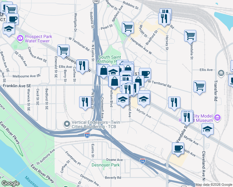 map of restaurants, bars, coffee shops, grocery stores, and more near 2446 University Ave W in St Paul