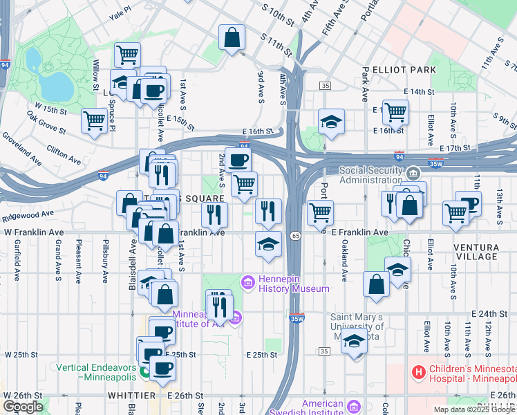 map of restaurants, bars, coffee shops, grocery stores, and more near 1900 Clinton Avenue in Minneapolis