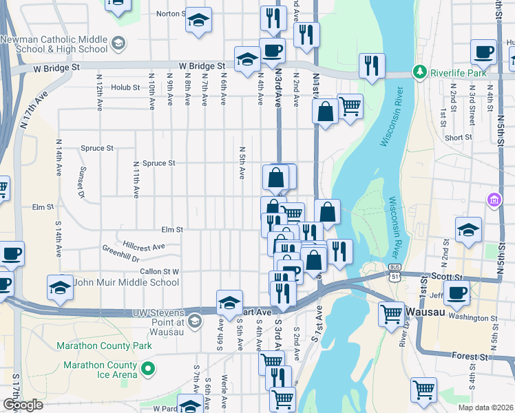 map of restaurants, bars, coffee shops, grocery stores, and more near 129 North 4th Avenue in Wausau