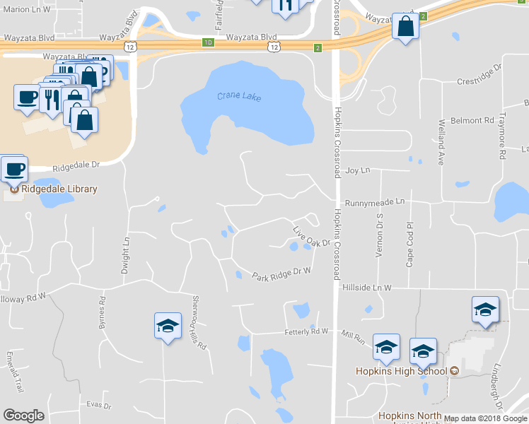 map of restaurants, bars, coffee shops, grocery stores, and more near 11601 Timberline Road in Hopkins